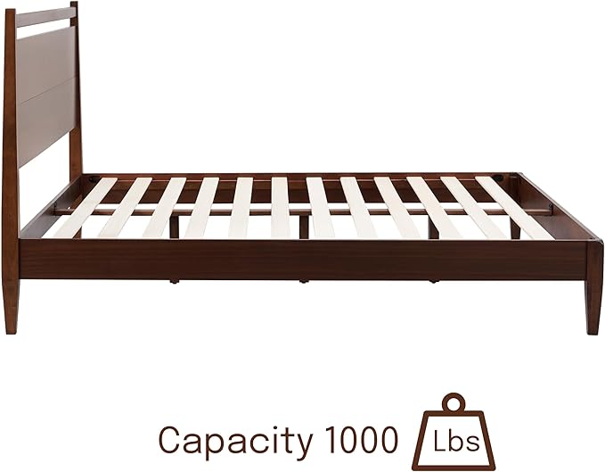 NTC Adept Wooden Bed Frame with Headboard, Crafted from Walnut, Rubber Wood with Silent Slats and Wood Central Supports, 1000 Lb Capacity, Effortless Assembly, Queen - Dark Walnut