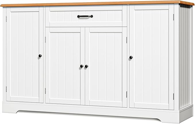 Gizoon 56" Kitchen Coffee Bar Cabinet with Storage Kitchen Sideboard Buffet Cabinet with Drawers, Short Pantry with Door and Shelves for Bathroom and Living Room, White and Rustic
