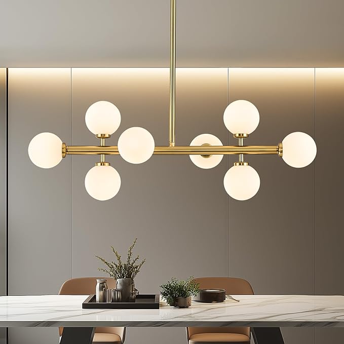 Modern Linear Chandeliers for Dining Room, 8-Light Globe Sputnik Pendant Ceiling Light, Brass Gold Dining Room Light Fixture Over Table, Mid Century Glass Milk White Bubble, 31.5 Inch, GC-09