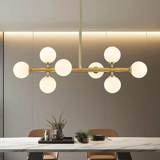 Modern Linear Chandeliers for Dining Room, 8-Light Globe Sputnik Pendant Ceiling Light, Brass Gold Dining Room Light Fixture Over Table, Mid Century Glass Milk White Bubble, 31.5 Inch, GC-09