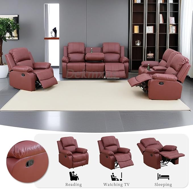 3PCS Leather Reclining Sofa Set Modern Recliner Couch Living Room Furniture Sets Manual Reclining Sofa Set with Cup Holders/Storage Console/Drop-Down Table for Home/Office (Red,3PCS)
