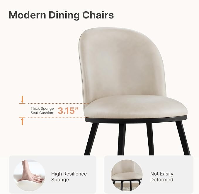 Dining Chairs Set of 2, Faux Leather Upholstered Dining Room Chairs with Ergonomic Backrest & Metal Legs, Modern Kitchen Side Chairs for Home, Restaurant, and Café, Cream Beige