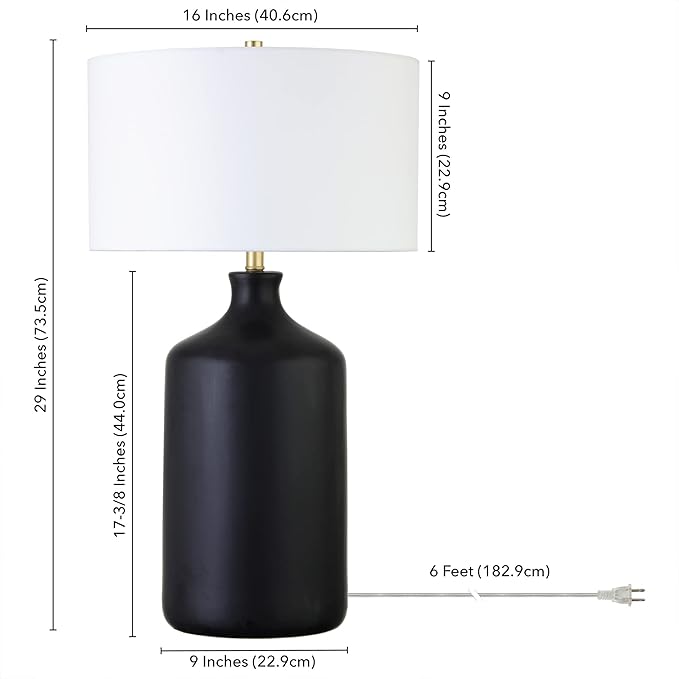 Henn&Hart 29" Transitional 1-Light Table Lamp with White Fabric Drum Shade for Living Room, Bedroom, or Office, Flat Black