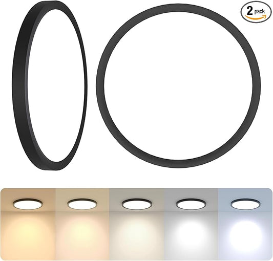 2Pack LED Flush Mount Ceiling Light Fixture Black,12Inch 24W 2640LM,Dimmable 5 CCT Selectable (2700K-6500K),Round Flat Panel Light for Bedroom,0.7Inch Thin Modern Low Profile Design for Hallway