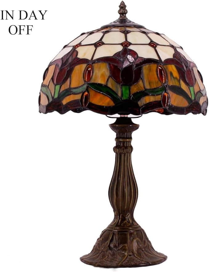 WERFACTORY Tiffany Table Lamp Stained Glass Style Tulip Flower Bedside Reading Desk Light 12X12X18 Inches Decor Bedroom Living Room Home Office S030 Series