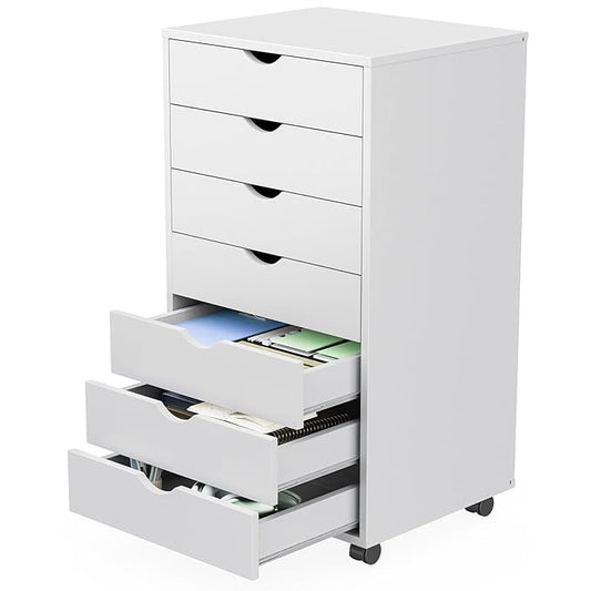 Sweetcrispy 7 Drawer Chest Mobile Storage Cabinets Wooden Dresser with Wheels Room Organization Furniture for Office, Pure White