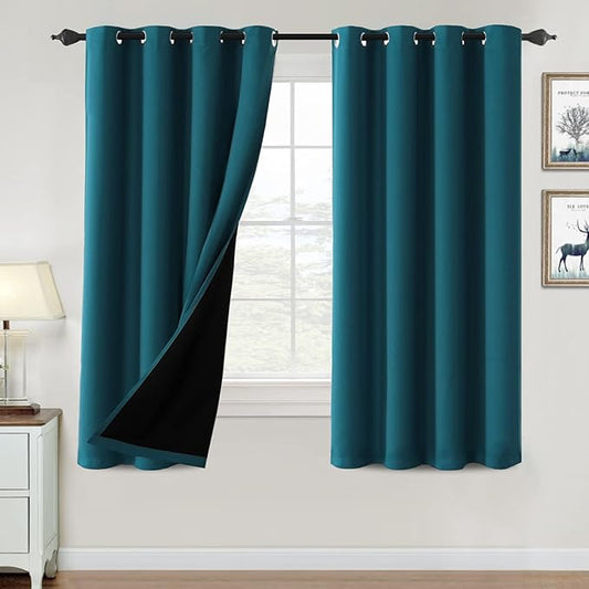 H.VERSAILTEX 100% Blackout Curtains for Bedroom Thermal Insulated Blackout Curtains 63 inch Length Heat and Full Light Blocking Curtains for Living Room with Black Liner 2 Panels Set, Dark Teal