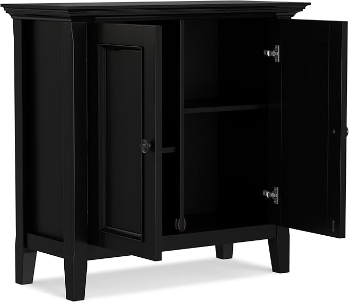 SIMPLIHOME Amherst 32-inch Wide Solid Wood Transitional-Style Low Storage Cabinet in Black for Living Room, Entryway, or Dining Area with Adjustable Shelves