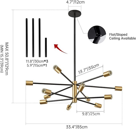 Modern Chandelier Ceiling Light Fixture Sputnik Chandeliers Gold and Black Farmhouse Chandelier Over Table 12-Light Height Adjustable Chandeliers for Dining Room, Living Room,Kitchen Island