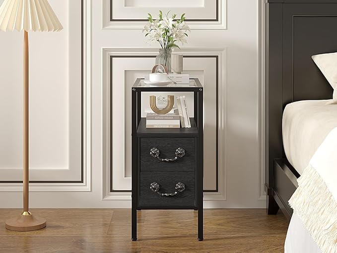 VECELO Narrow Side Table Set of 2, Night Stand Sofa Table with Glass Top,Bedside End Tables with Storage Drawers,Wood Nightstand for Small Spaces Living Room Bedroom,Black