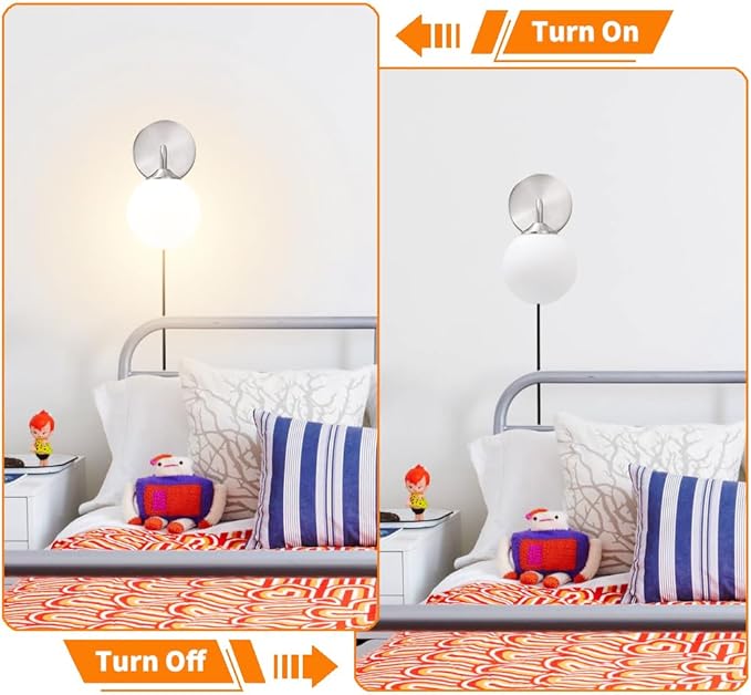 Modern Brushed Nickel Plug in Wall Sconce Set of 2, Wall Light Fixture with Milky White Globe Glass Lampshade, Wall Lamp with Plug in Cord, Art Deco Wall Light for Bedroom Living Room Hallway