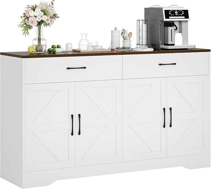 Sideboard Buffet Cabinet with Storage, Large Kitchen Storage Sideboard with Drawers & Doors, Modern Wood Farmhouse Coffee Bar Cabinet, Buffet Table for Kitchen, Living Room, White, 15.1"*55.1"*31.8"