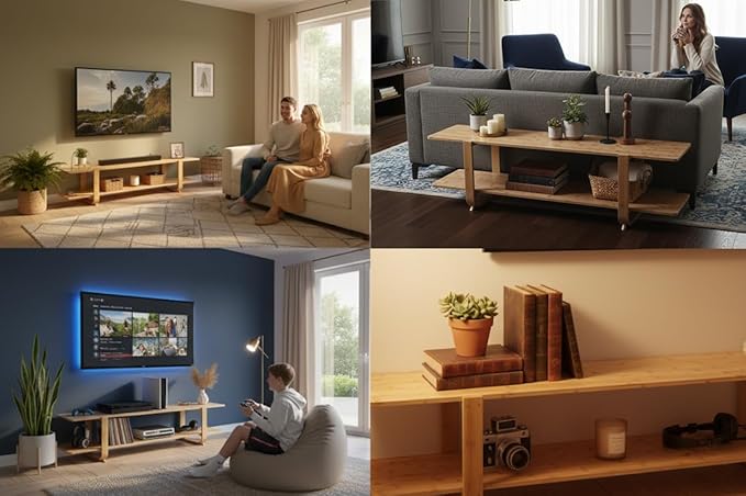 Welnow Bamboo TV Stand for Up to 65 Inch, Mid Century Modern Entertainment Center with 2-Tier Open Shelves, Storage Media Console Table for Living Room, Bedroom, Natural