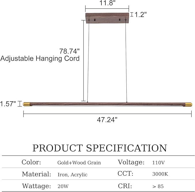47.2" Wood Linear Pendant Light, Modern Dimmable LED Kitchen Island Lighting 3000K 20W Adjustable Hanging Chandelier for Dining Room Bar Office Walnut Color