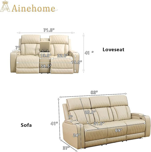 A Ainehome Power Leather Recliner Sofa Sets with LED Lights, Recliner Couch Sectional Couches for Living Room, Reclining Sofa and loveseat, Storage Console (Khaki,Sofa+loveseat)