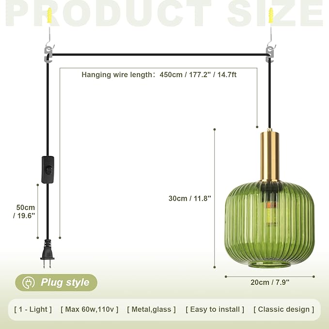 Plug in Pendant Light 2 Pack Green Glass Hanging Lamp Plug in Hanging Light Fixture with Cord 14.7 ft, Mid Century Modern Gold Pendant Lighting for Kitchen Island Dining Room Bedroom Set of 2