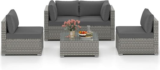 Tangkula 5-Piece Outdoor Patio Sectional Sofa Couch, PE Rattan Conversation Set w/Glass Coffee Table & Cushions, Outdoor Furniture Set w/Sturdy Metal Frame for Garden Poolside Backyard