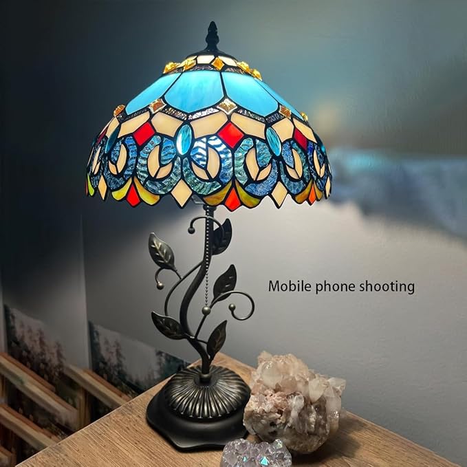Tiffany Table Lamp, Stained Glass Desk Light, W12H19 Inch, Metal Leaf Base (Sapphire Style)