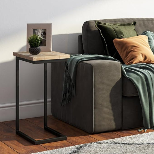 SIMPLIHOME Skyler C-Side Table - 18" Wide x 24" High Solid Mango Wood and Metal Slide-Under Table in Distressed White Wash, Industrial Accent Table for Living Room with Open Frame Design, Assembled