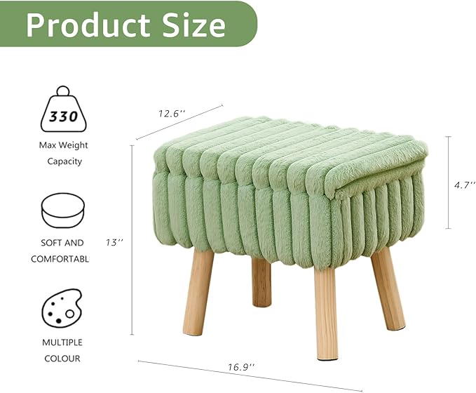 Wimarsbon Storage Ottoman,Soft Faux Fur Footstool with Padded Seat, Small Reading Vanity Chair, Footrest with Wood Tray for Couch, Mini Coffee Table or Display Stand (Light Green)