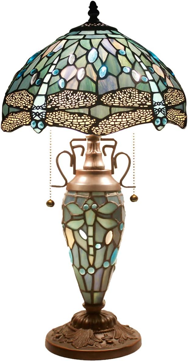WERFACTORY Tiffany Lamp Shade Replacement 12X6 Inch Sea Blue Stained Glass Dragonfly Style Lampshade Only with Cap fit for Table lamp Pendant Light Ceiling Fixture (Part Not Included) S147 Series