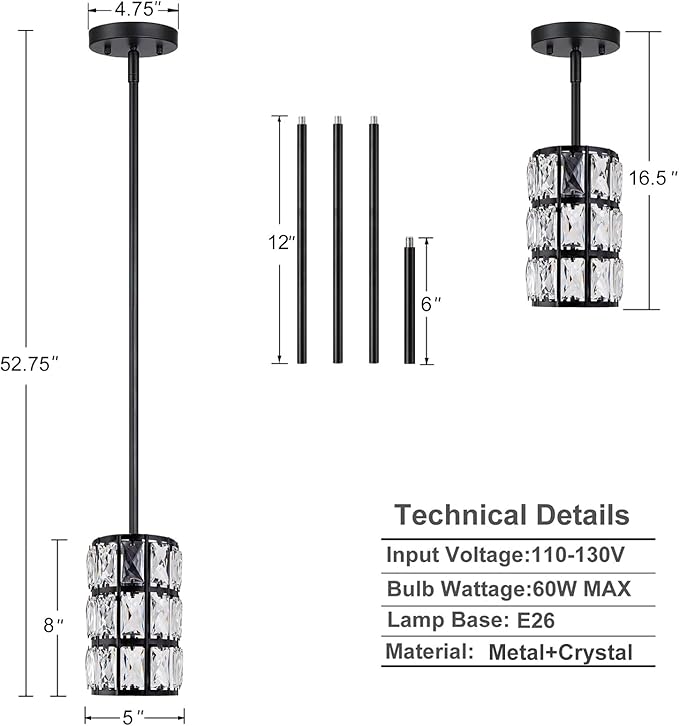 CALDION Black Crystal Pendant Light, 2Pack Modern Pendant Lights, Mini Crystal Chandelier Adjustable Hanging Ceiling Light Fixtures for Kitchen Island Dining Room Bedroom Hallway Bar Entryway