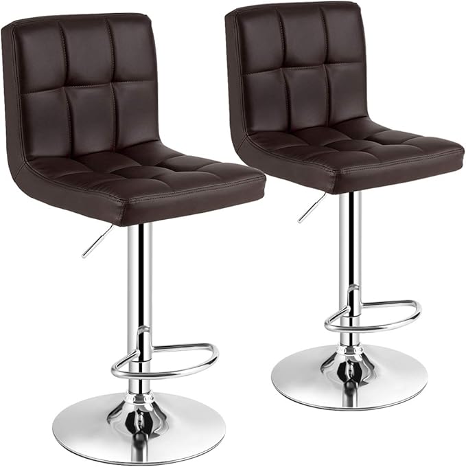 COSTWAY Adjustable Bar Stools Set of 2, Modern Swivel PU Leather Bar Chair with Backrest, Soft Cushioned Seat, Footrest, Sturdy Metal Frame, Comfortable Barstools for Kitchen Island, Pub, Brown