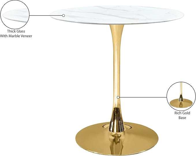 Meridian Furniture 926-T Holly Collection Modern | Contemporary Counter Height Table,10MM Thick Glass with Marble Veneer, 36" Round Faux Marble, Rich Gold Base, 36" W x 36" D x 36" H, Gold