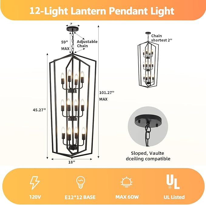 WJShome Modern Black Chandelier, 12-Light Tiered Pendant Light Fixtures, Long Chandeliers for High Ceilings, Farmhouse Foyer Lighting Fixtures, for Living Room, Staircase, Entryway