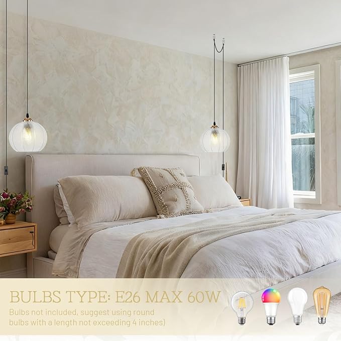 Plug in Pendant Light, Hanging Lights with Plug in Cord On/Off Switch, 14.75ft Plug in Hanging lamp Modern Pendant Light Clear Glass Globe Pendant Lighting for Kitchen Island Bedroom Dining Room