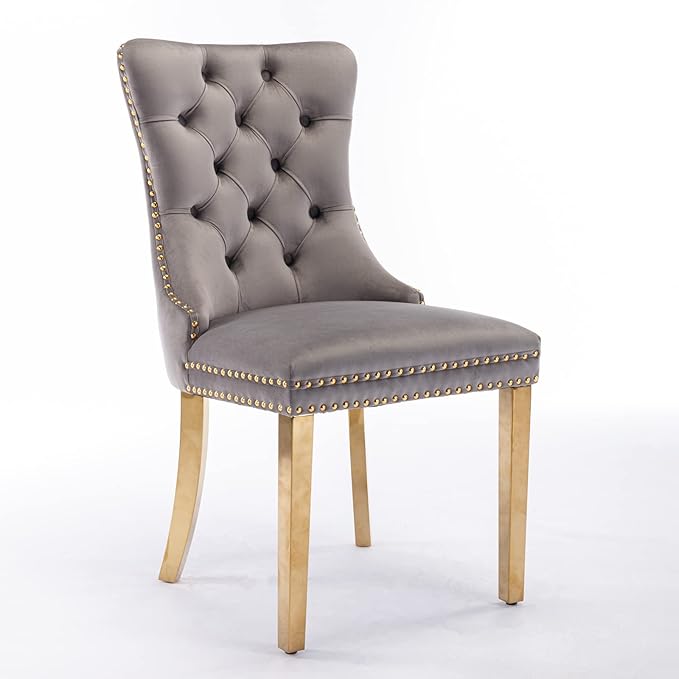 Solid Wood Velvet Upholstered Dining Chair with Golden Stainless Steel Plating Legs,Contemporary Design W/Nailhead Trim,Set of 2,for Living Room,Apartment,Gray and Gold