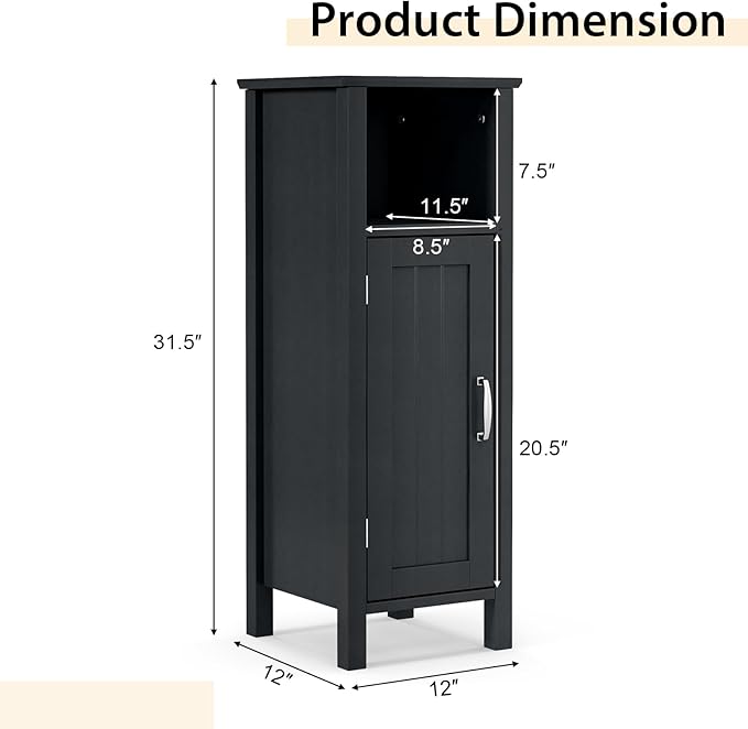 LDAILY LUARANE Wooden Bathroom Floor Storage Cabinet, Side Storage Organizer Cabinet with 1 Door Open Shelf Adjustable Shelves, Small Free Standing Sideboard for Entryway Living Room Kitchen (Black)
