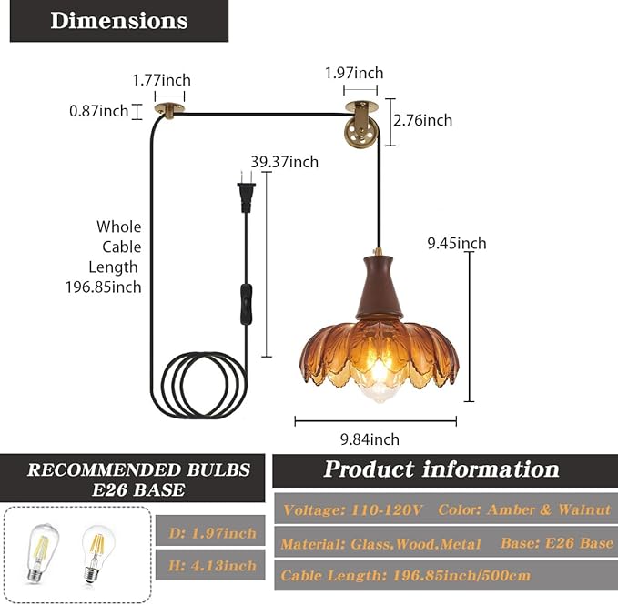 YLONG-ZS Vintage Hanging Lamp Plug in Hanging Light,Modern Flower Glass Pendant Light Plug in Walnut Wood Holder,Hanging Lamps with Pulley for Kitchen Island, Bedroom, Dining Room, Living Room，Corner