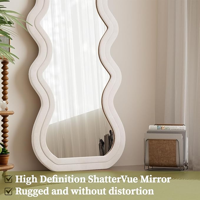 Koonmi 71"x32" Wavy Mirror Full Length, Flannel Floor Mirror, Large Floor Standing Mirror Wall Mounted with Flannel Wrapped Frame for Bedroom & Living Room, White