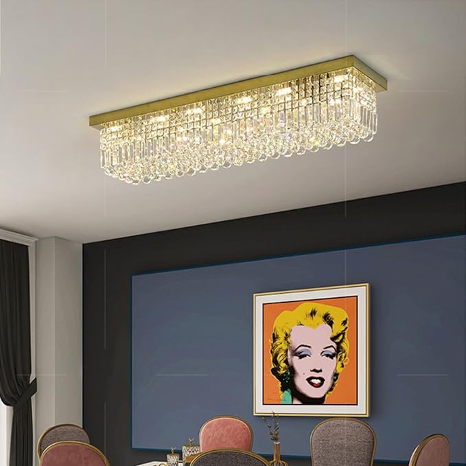 7PM Modern Rectangular Chandelier, Gold, L31.5' x W10' x H10', 6 Lights, Dimmable, Kitchen, Dining Room, Living Room