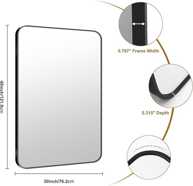 KOCUUY Black Mirror, 30x48 Inch Rectangle Bathroom Mirror with HD Tempered Glass, Anti-Rust Frame, Vanity Mirror with Rounded Corner for Bathroom, Living Room, Entryway, Hang Horizontal/Vertical