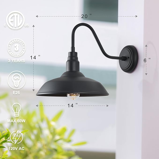 14 Inch Outdoor Gooseneck Light Fixture for Porch, 2 Pack Large Exterior Barn Lights for Farmhouse, Black Outside Wall Sconce for Porch Patio Garage