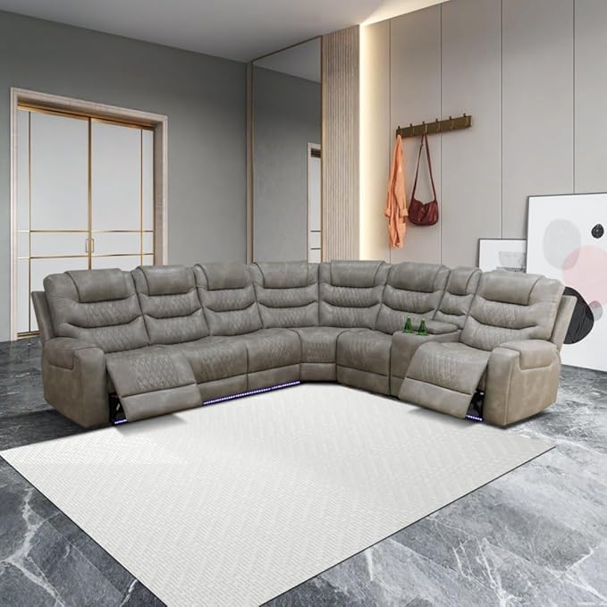 Power Recliner Sectional Sofa with LED Light, Breathing Leather Recliner Sofa Couch with USB Port/Cup Holder/Storage for Living Room (6 Seat Reclining Sectional Couch (Grey)