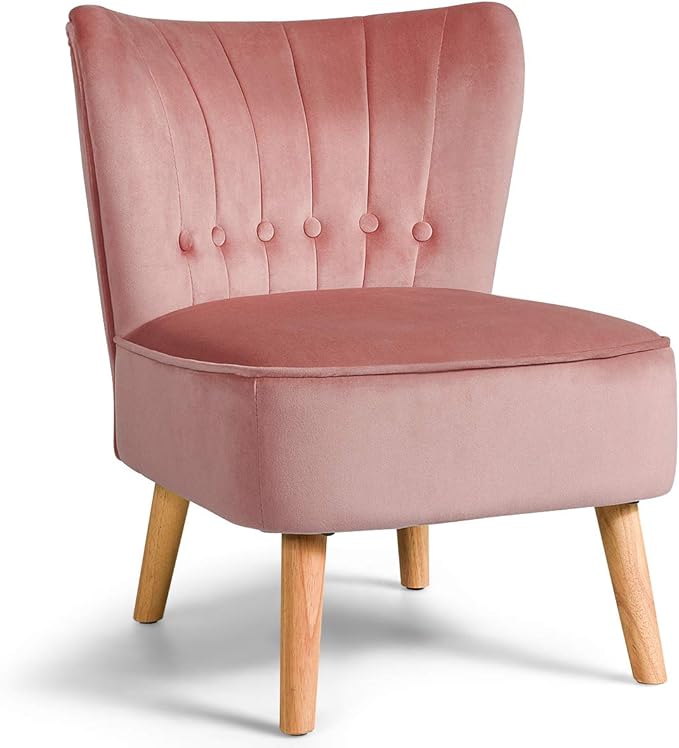 Giantex Modern Velvet Accent Chair, Small Upholstered Leisure Sofa Chair w/Wood Legs, Thickly Padded and Button Tufted, Armless Wingback Club Chairs for Living Room Bedroom Furniture (1, Pink)