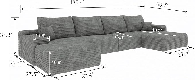 135" U Shaped Boneless Couch with Ottoman, Convertible Sleeper Compression Sofa, Corduroy Couch Sectional for Living Room Bedroom, Deep Seat Foam Cloud Sofas No Assembly, Right Facing Chaise, Grey