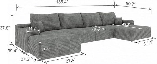 135" U Shaped Boneless Couch with Ottoman, Convertible Sleeper Compression Sofa, Corduroy Couch Sectional for Living Room Bedroom, Deep Seat Foam Cloud Sofas No Assembly, Right Facing Chaise, Grey