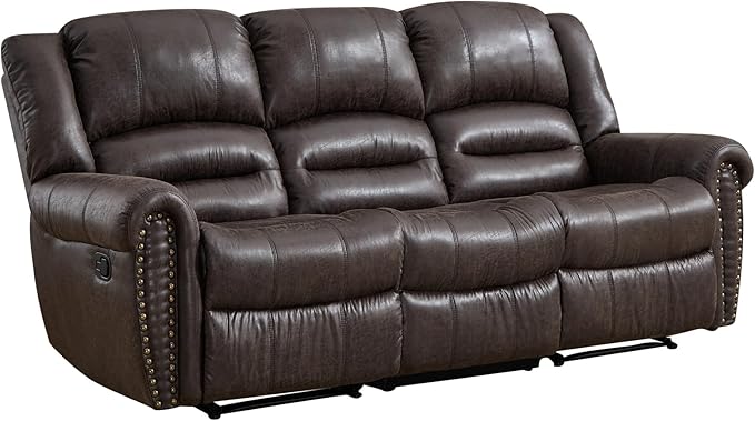 EBELLO Faux Leather Manual Reclining Sofa, 3 Seat Reclner Sofa with Soft Padded Seat Backrest, Vintage Rivet Mid-Century Design for Living Room, Bedroom, Meeting Room, Dark Brown
