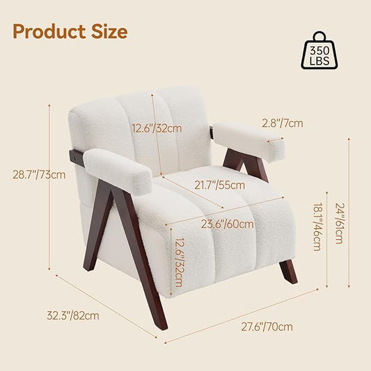 Accent Chair Mid-Century Modern with Wide Backrest for Bedroom, Upholstered Living Room Chair with Wooden, Lounge Armchair with Thick Cushion, Cute Teddy Comfy Chair, Ivory