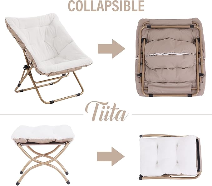 Tiita Folded Chair with Ottoman, Soft Faux Fur Oversized Folding Accent Chair,Lazy Chair, Metal Frame Moon Chair for Bedroom, Living Room, Dorm Rooms, Garden and Courtyard