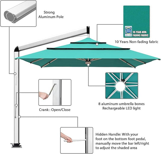 EliteShade USA Atlas 3-Tier 10x10FT Full Aluminum Cantilever Patio Umbrella for Outdoor restaurant Garden Courtyard Deck Pool and Marketing with Light,Teal