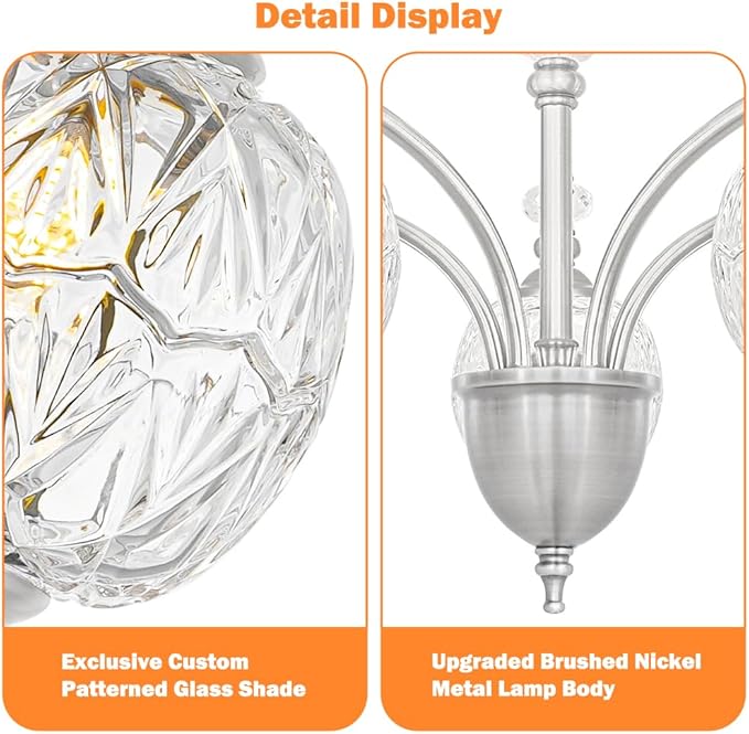 Vintage Brushed Nickel Chandelier - Adjustable Height Dining Room Light Fixture with Handcrafted Blown Glass - 5-Light E26 Base, Ideal for Kitchen, Entryway, Enhances Luxury Home Decor for Discerning