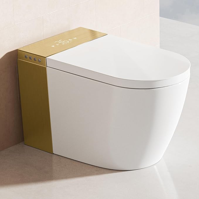 BONSAM Smart Toilet with Auto Open/Close Lid, Modern Tankless Toilet with Bidet Built In, One Piece Toilet with Auto Deodorization, Foot Sensor Operation, Remote Control (White&Gold, White&Gold)