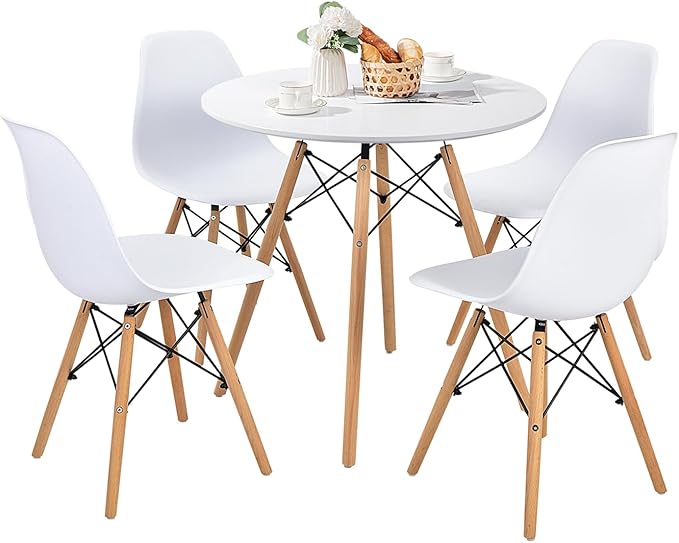 Giantex Round Dining Table Set for 4, 5-Piece Kitchen Table Chairs Set, Modern 31.5" D Dining Table & 4 Dining Chairs with Solid Wood Legs, Dinette Table Set for Small Spaces Dining Room Restaurant