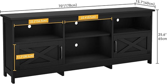 DWVO Farmhouse TV Stand with Power Outlets & LED Lights, Entertainment Center for TVs up to 80", TV Console with Storage Cabinets & Open Shelves for Living Room (Black)