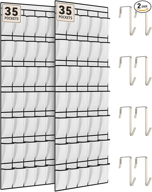 dodowin Over the Door Shoe Organizers, 2 Pack - 35 Deep Mesh Pockets Each, Over The Door Shoe Rack with 4 Metal Hooks Each, Space Saving Hanging Storage Holder for Closets, Shoes & Accessories, White